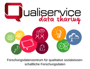Logo/Schriftzug "Qualiservice data sharing" mit diversen in Kreisen abgebildeten Piktogrammen, die für das "Daten teilen" stehen.