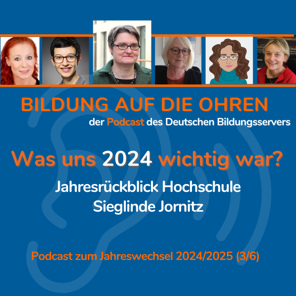 Sharepic mit stilisiertem Ohr, Fotos der Beitragenden und folgendem Text: Bildung auf die Ohren, der Podcast des Deutschen Bildungsservers Was uns 2024 wichtig war? Jahresrückblick Hochschule Sieglinde Jornitz Podcast zum Jahreswechsel 2024/2025 (3/6)