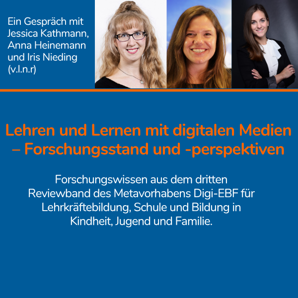 Sharepic zum Blog-Beitrag "Lehren und Lernen mit digitalen Medien – Forschungsstand und -perspektiven" , Forschungswissen aus dem dritten Reviewband des Metavorhabens Digi-EBF für Lehrkräftebildung, Schule und Bildung in Kindheit, Jugend und Familie. Ein Gespräch mit Jessica Kathmann, Anna Heinemann und Iris Nieding (v.l.n.r Fotos von den Gesprächspartnerinnen)